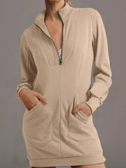 Zip Up Collared Ribbed Patchwork Sweatshirt Dress with Pockets