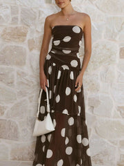 Polka Dot Strapless Ruched Maxi Dress