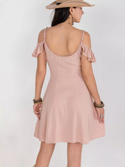 Floral Lace Trim Cold Shoulder A-Line Dress