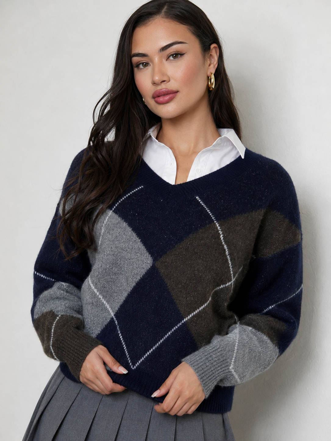 Noxley Argyle V Neck Long Sleeve Sweater - Navy