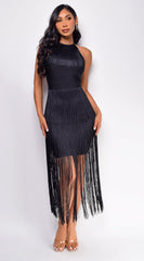 Seilynn Black Halter Fringe Mini Dress