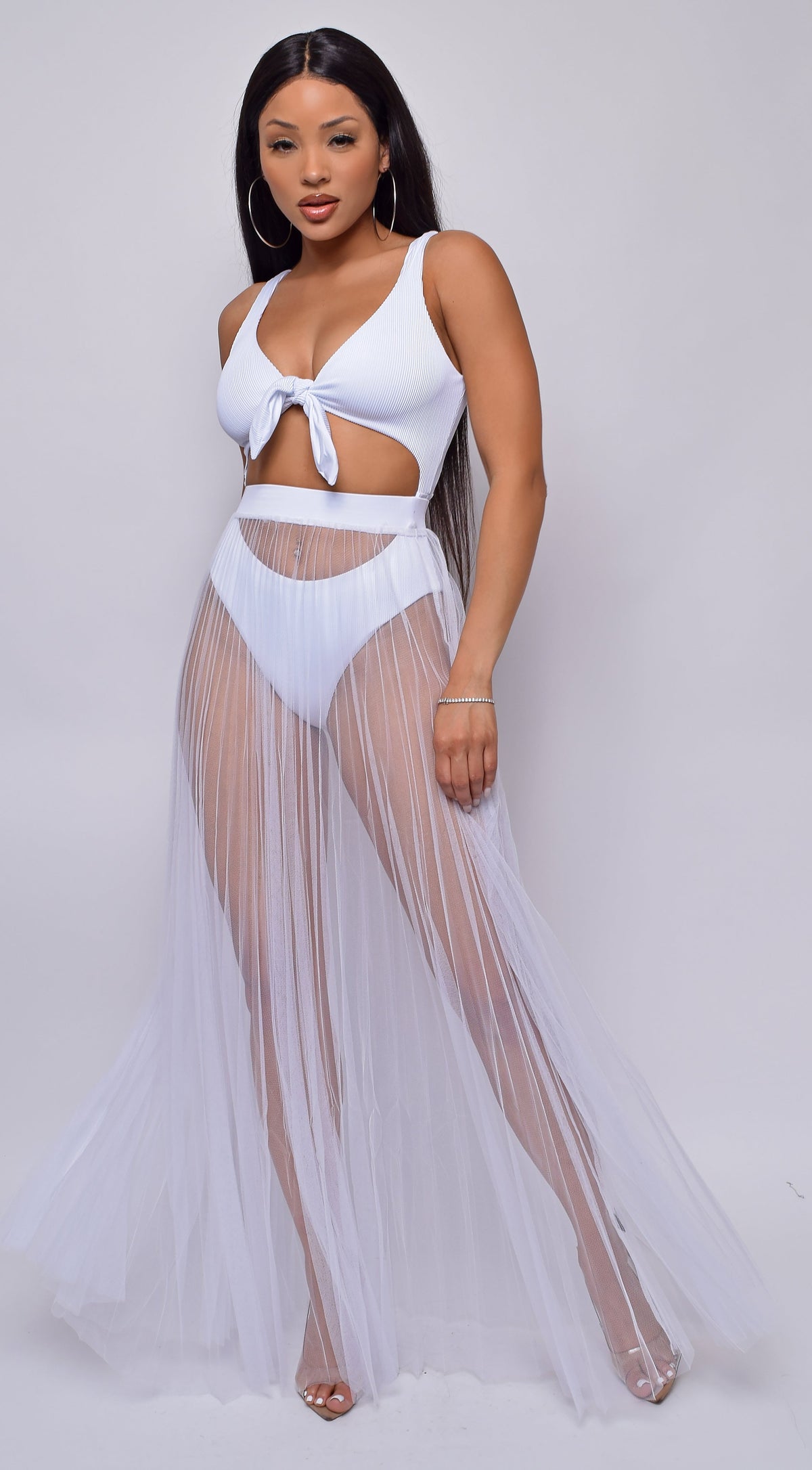 Palmaria White Pleated Sheer Tulle Maxi Cover-up Skirt