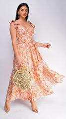 Valeria Corset Ruffle Midi Dress – Sunset Floral