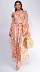 Valeria Corset Ruffle Midi Dress – Sunset Floral