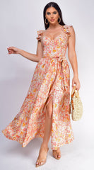 Valeria Corset Ruffle Midi Dress – Sunset Floral