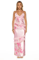 Inara Pink Floral Print Ruffle Prom Dress