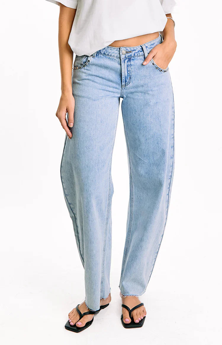 Jannina Light Wash Denim Studded Low Rise Jeans