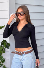 Nina Black Ribbed Knit Long Sleeve Sweater