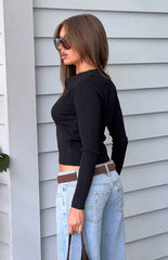 Nina Black Ribbed Knit Long Sleeve Sweater