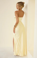 Sasha Yellow Ruched Twist Satin Maxi Dress