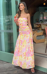 Sinclair Yellow Floral Print Strapless Maxi Dress