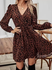 Leopard Print V-Neck Long Sleeve Mini Dress