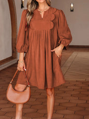 Split Neck Scallop Detail Corduroy Mini Dress