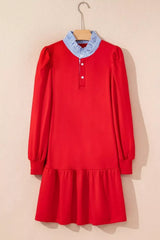 Contrast Striped Collar Patchwork Puff Sleeve Ruffle Hem Mini Dress