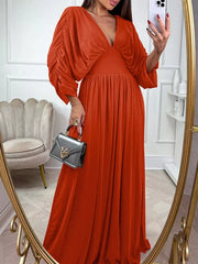 Ruched Sleeve V-Neck Maxi Dress