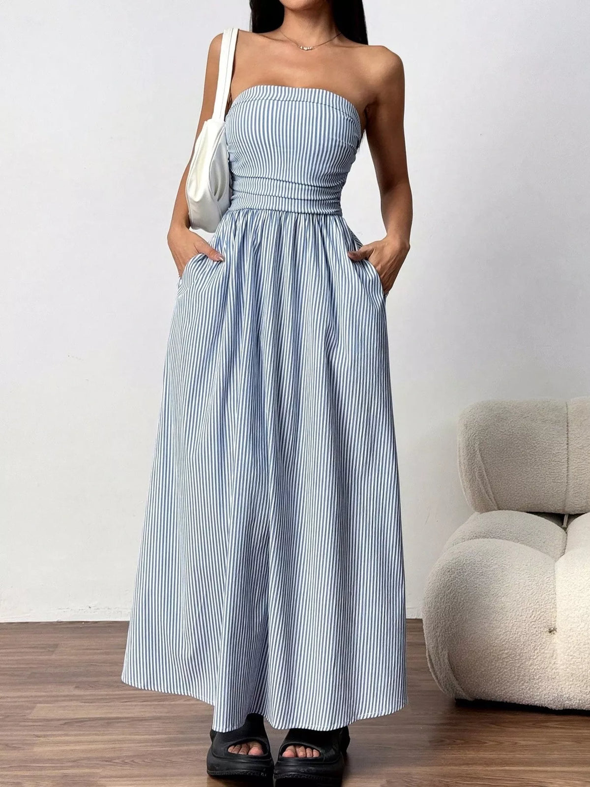 Striped Strapless Casual Maxi Dress