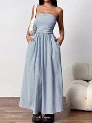 Striped Strapless Casual Maxi Dress