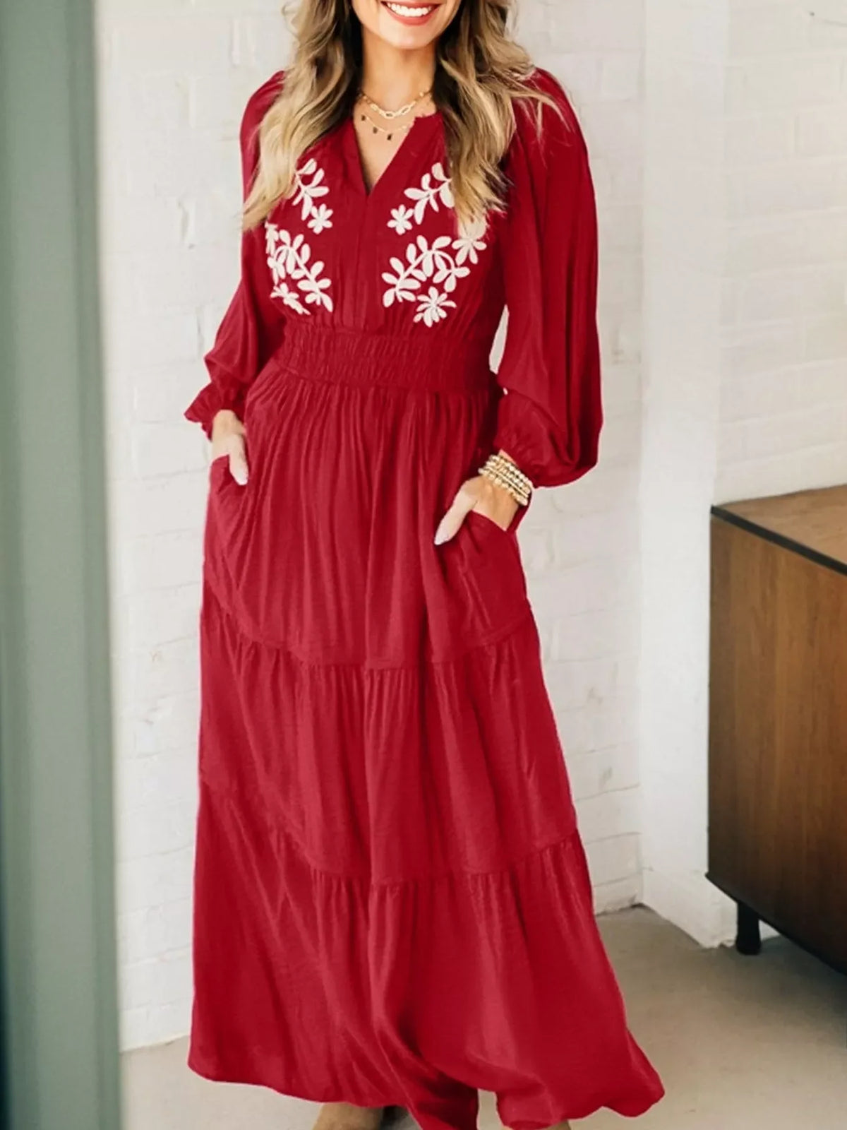 Contrast Embroidered Detail Cinched Waist Tiered Long Sleeve Maxi Dress