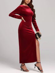 Ruched Velvet Long Sleeve Slit Dress