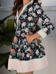 Floral Print Striped Trim V Neck Long Sleeve Ruffle Hem Shift Mini Dress