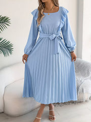 Ruffle Trim Pleated A-Line Midi Dress