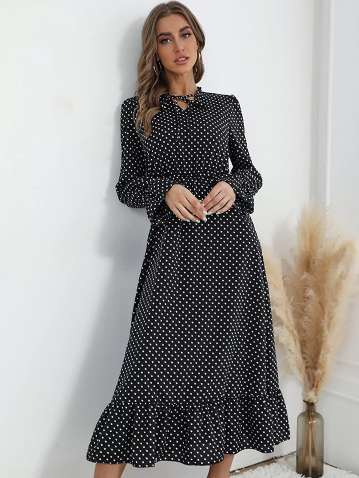 Polka Dot Ruffle Hem Midi Dress