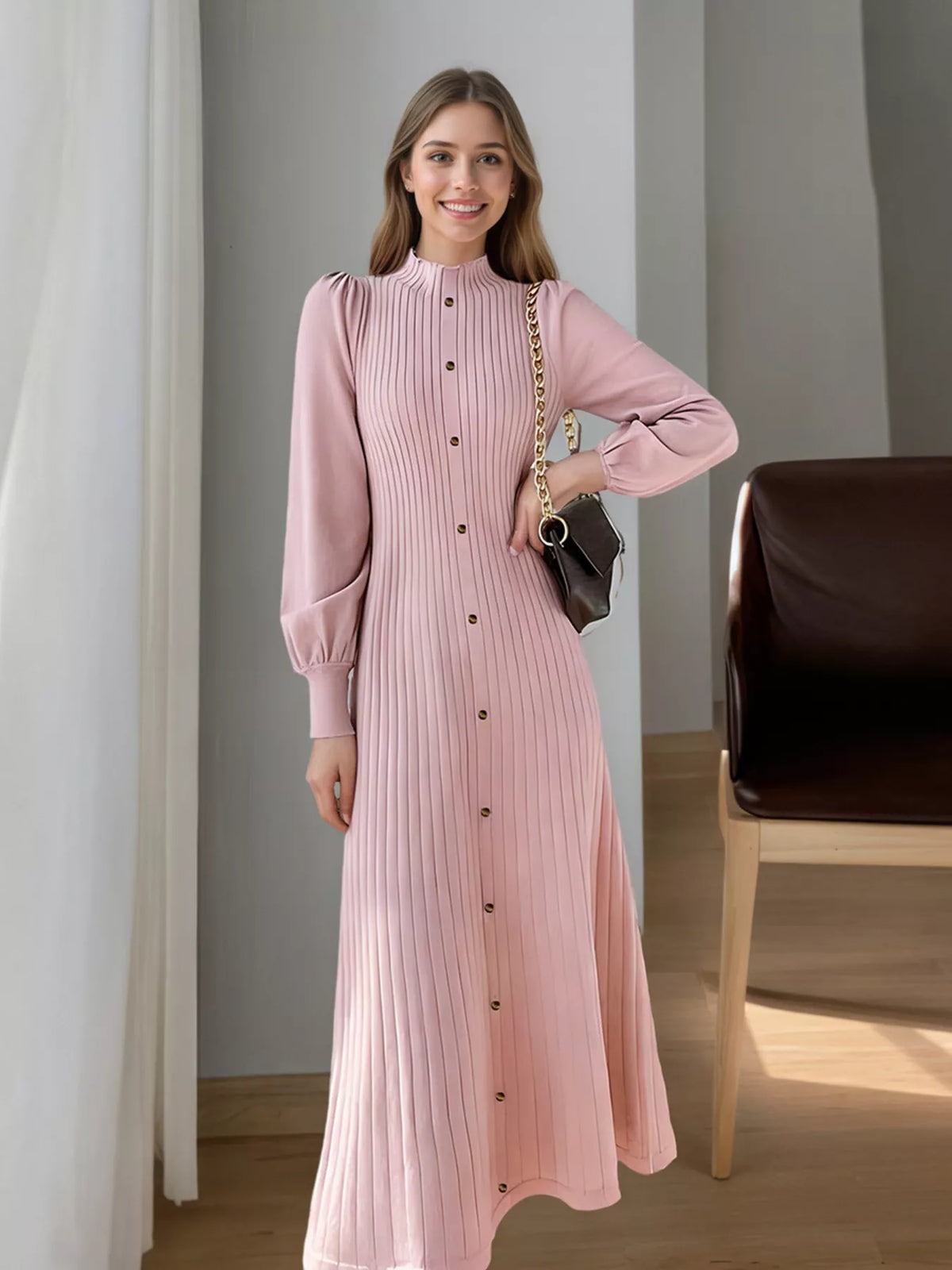 Ribbed Knit Mock Neck Midi Dress