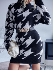 Houndstooth Pattern Turtleneck Sweater Dress