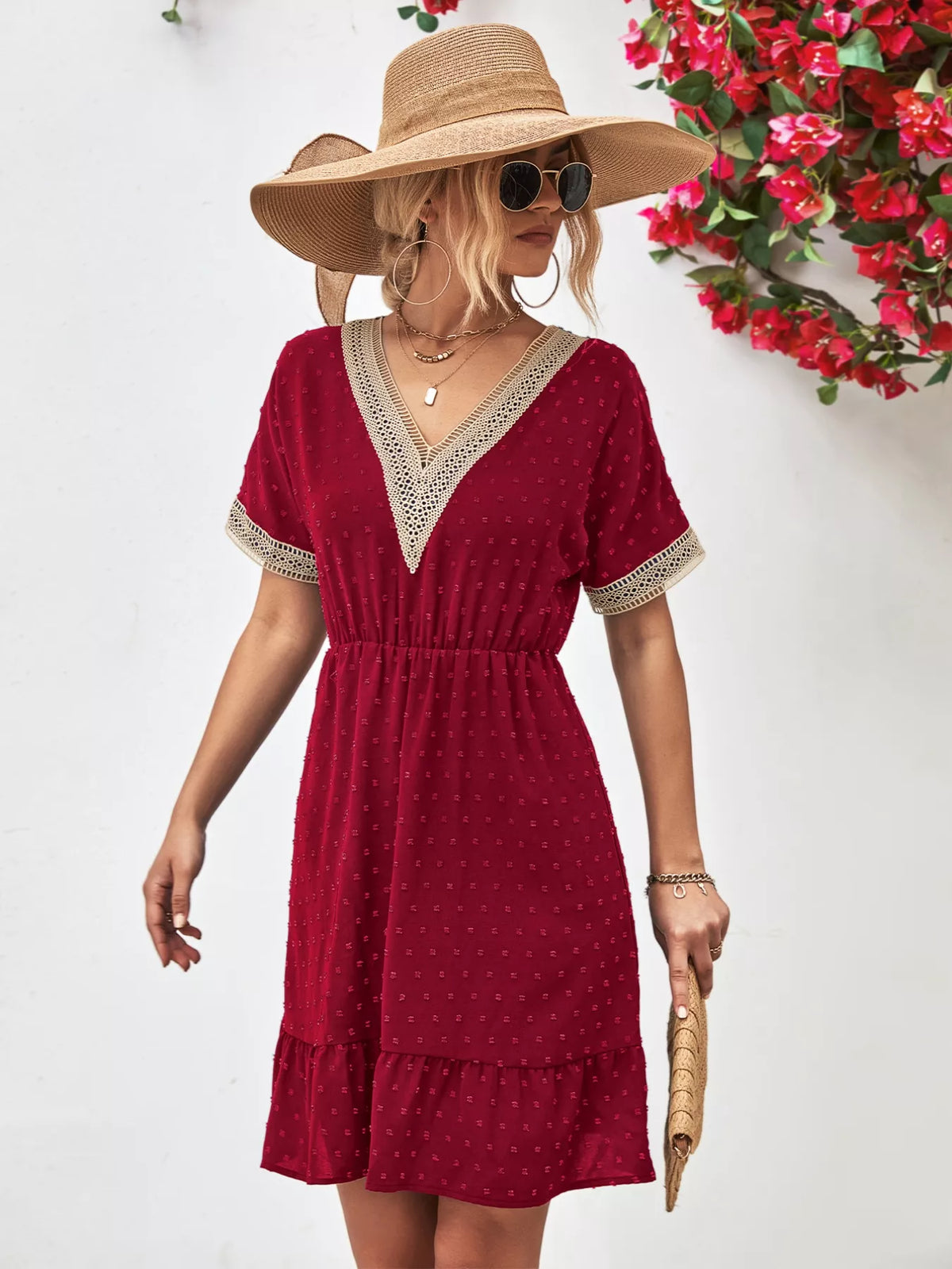 V-Neck Swiss Dot Ruffle Hem Mini Dress