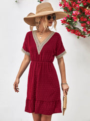 V-Neck Swiss Dot Ruffle Hem Mini Dress