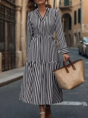 Striped Notched Long Sleeve Midi Dress