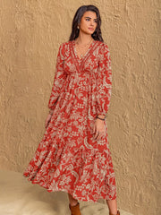 Boho Floral Print Long Sleeve Midi Dress