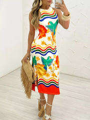 Plus Size Tropical Parrot Print Sleeveless Midi Dress