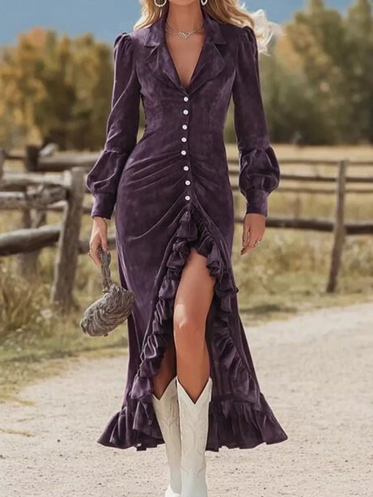 Velvet Ruffle Slit Midi Dress