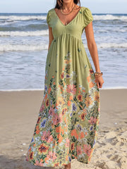 Backless Printed V-Neck Short Sleeve Maxi Dress