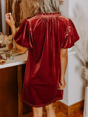 Tie Neck Puff Sleeve Velvet Dress