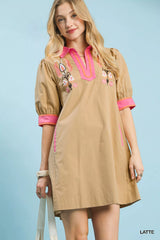 Umgee Embroidered Contrast Trim Tunic Dress