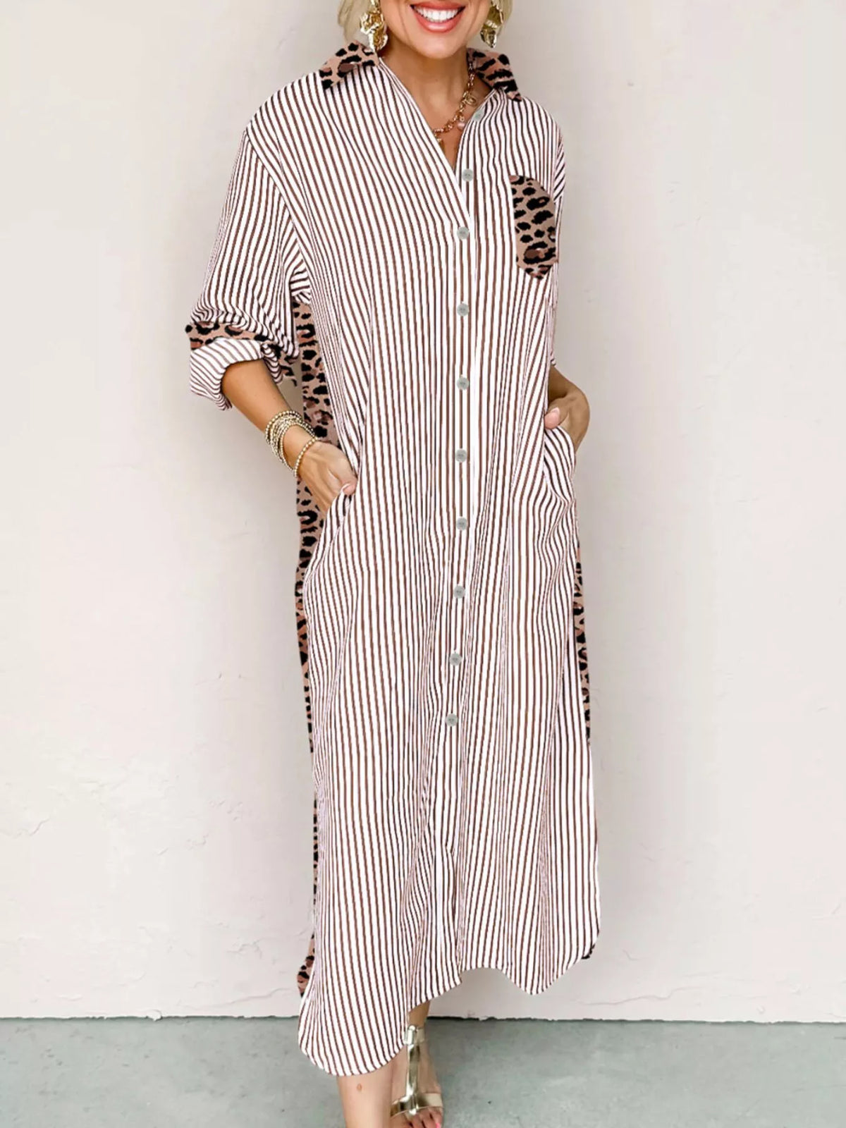 Striped Leopard Print Button Up Shirt Dress