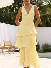 Sleeveless Ruffled Layered Backless Maxi Dress
