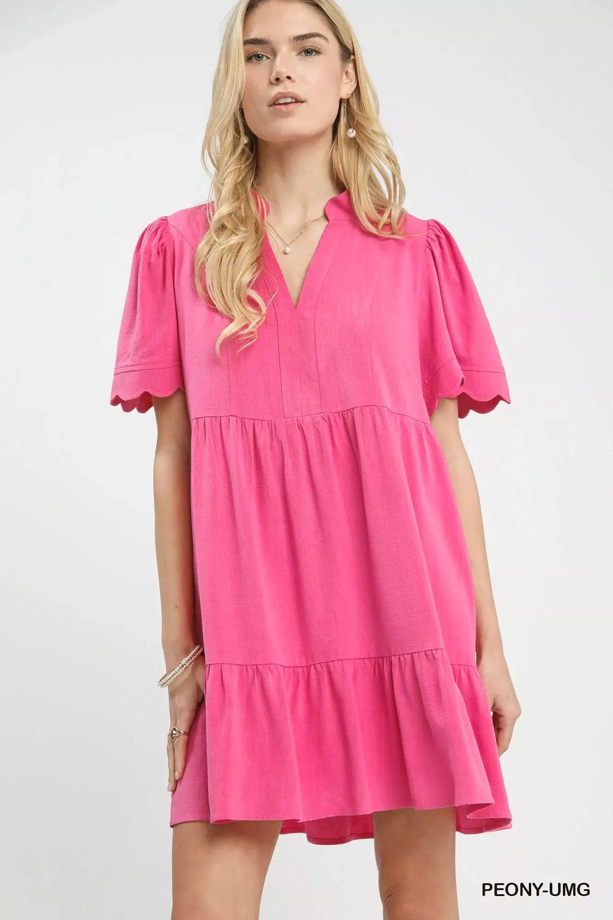 Umgee Linen Tiered Babydoll Dress with Scalloped Sleeves