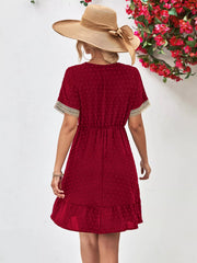 V-Neck Swiss Dot Ruffle Hem Mini Dress