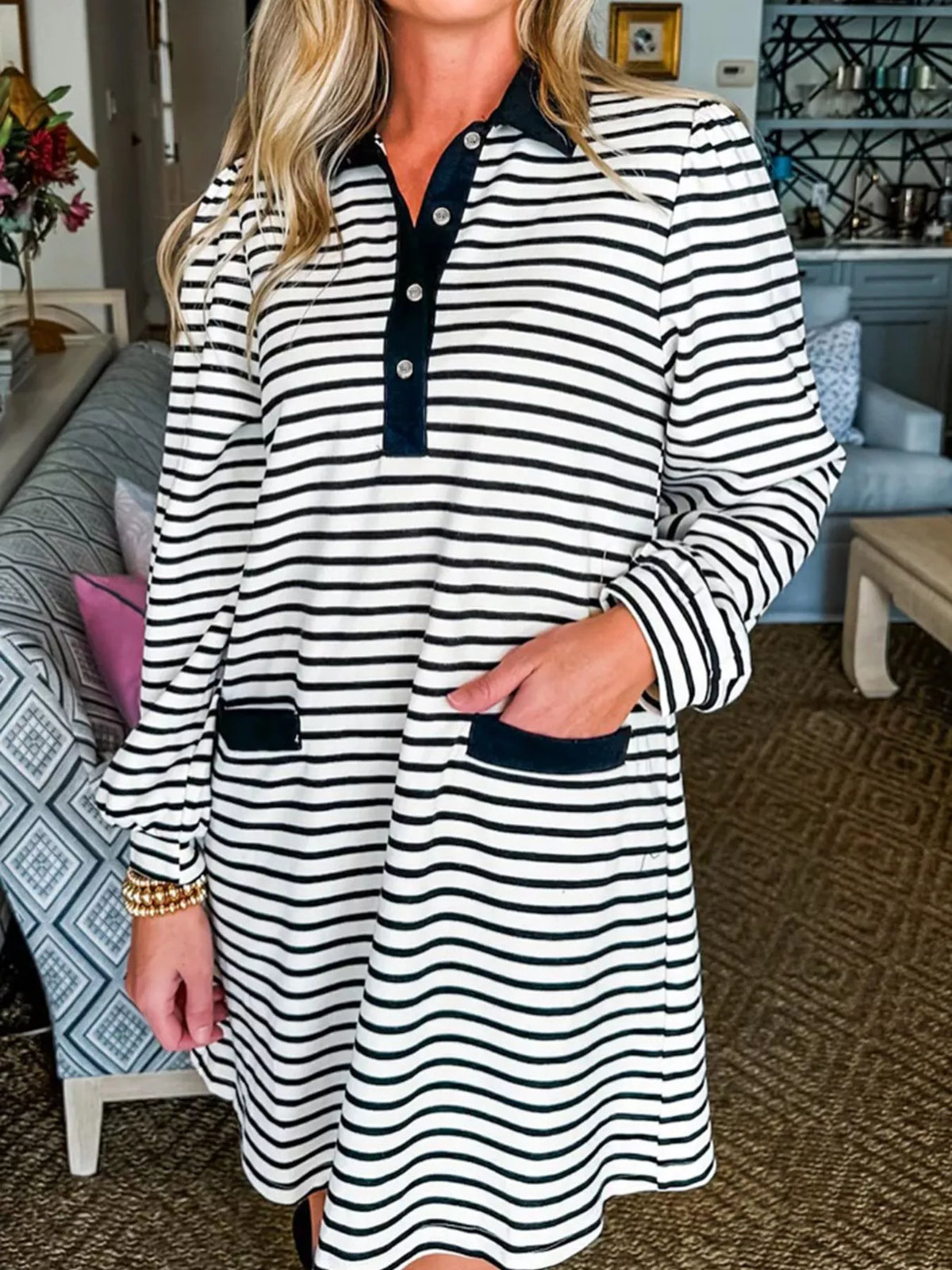 Stripe Buttoned Front Collared Long Sleeve T Shirt Dress with Pockets