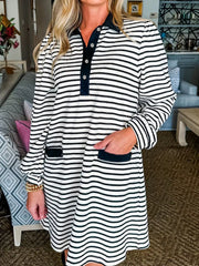 Stripe Buttoned Front Collared Long Sleeve T Shirt Dress with Pockets
