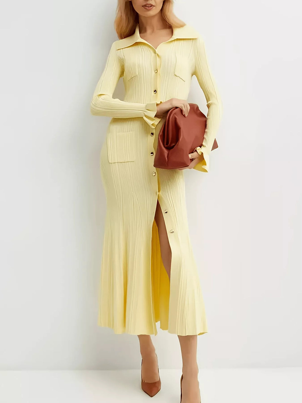 Button-Down Flounce Sleeve Sweater Dress