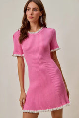 SO ME Contrast Ruffled Sweater Knit Mini Dress