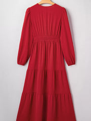 Contrast Embroidered Detail Cinched Waist Tiered Long Sleeve Maxi Dress