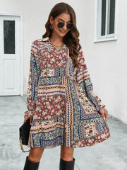 Boho Floral Print Long Sleeve Mini Dress
