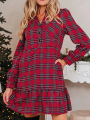 Plaid Shirt Collar Half Button Ruffle Hem Long Sleeve Mini Dress