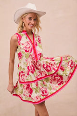 BiBi Floral Woven Contrast Edge Tiered Ruffle Mini Dress