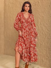 Boho Floral Print Long Sleeve Midi Dress